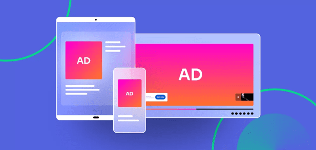 colorful graphic of ads displaying on various devices, including a computer, tablet, and smartphone