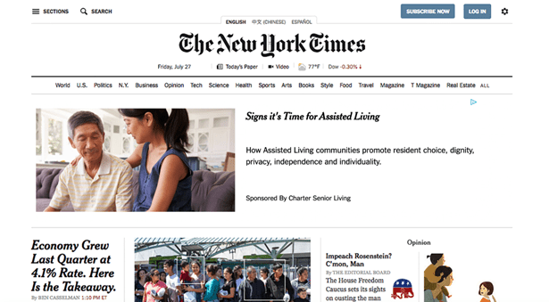 screenshot of a New York Times article about assisted living