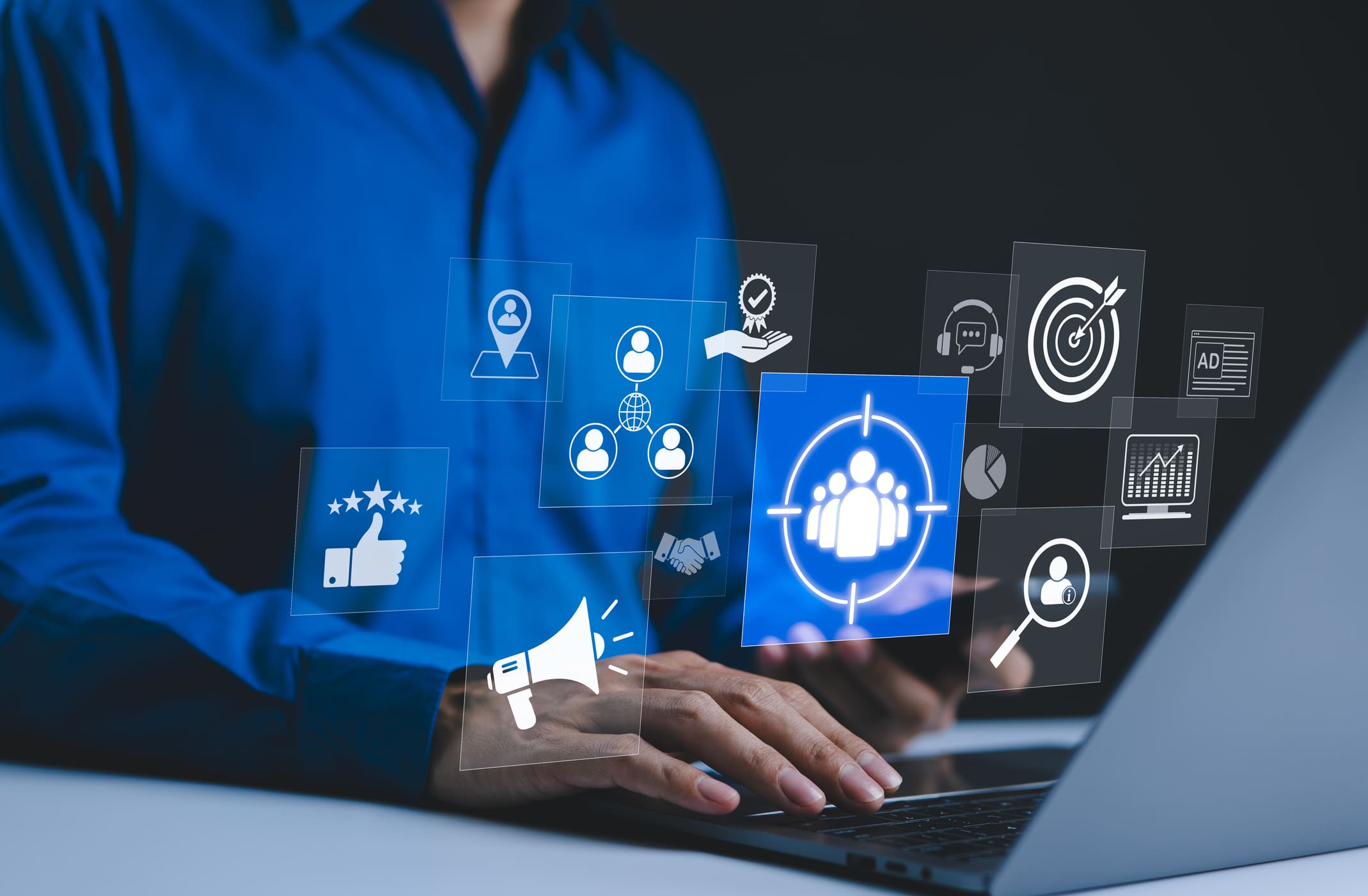 image of senior services content marketing strategy, icons represent targeting and engagement, and content marketing strategies