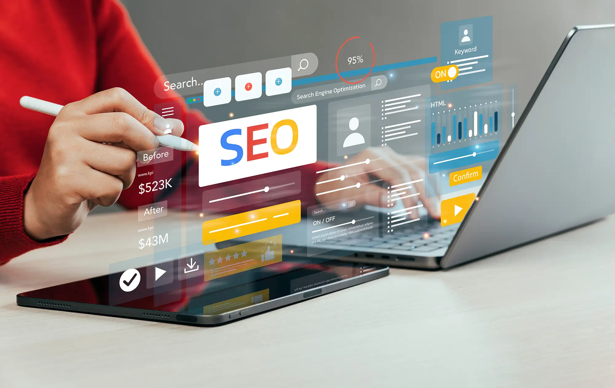A SageAge digital marketing expert analyzing senior living SEO data using a laptop and a futuristic holographic interface showing search engine optimization metrics.